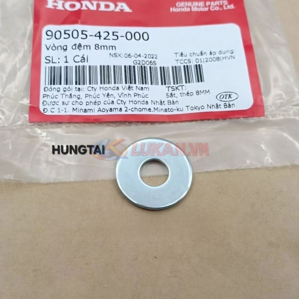 Vòng đệm, lông đền pass chữ Y má phanh DREAM, WAVE, FUTURE.... 8mm zin 90505-425-000