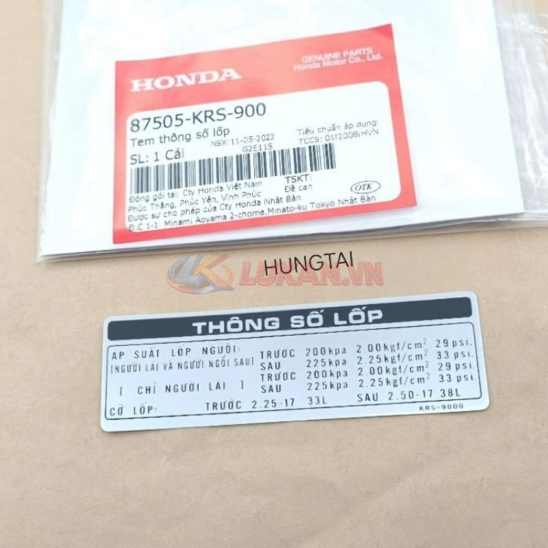 Tem thông số lốp, hộp xích sên cacte xe WAVE ALPHA, ZX... zin Honda 87505-KRS-900