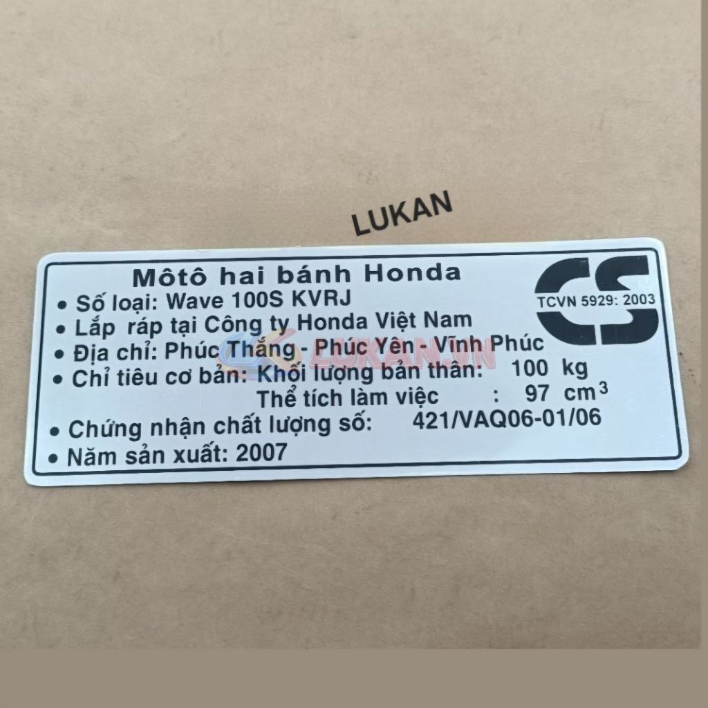 Tem thông số dán hộp xích, cacte xe WAVE S100 2007