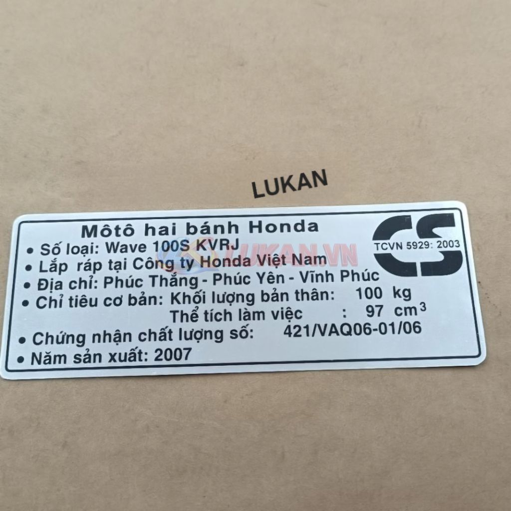Tem thông số dán hộp xích, cacte xe WAVE S100 2007 - Ảnh 2