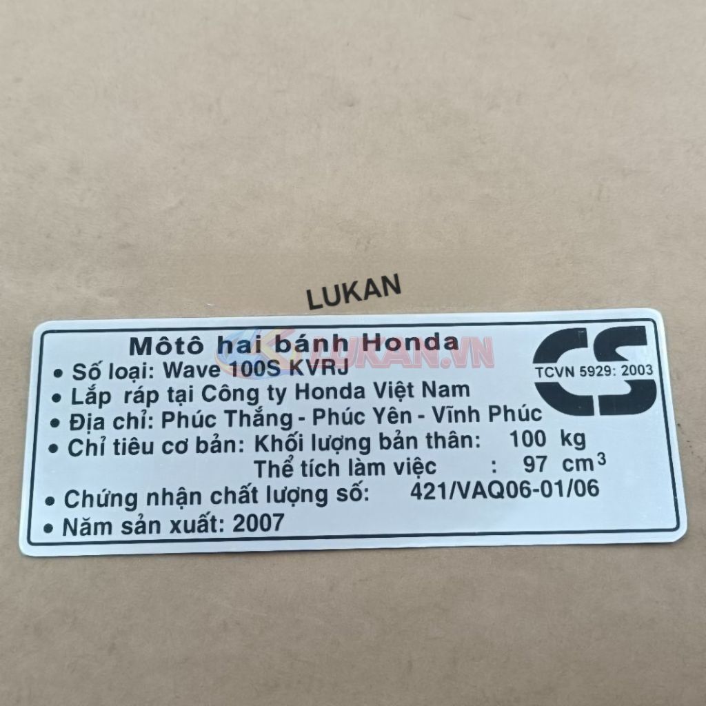 Tem thông số dán hộp xích, cacte xe WAVE S100 2007 - Ảnh 3