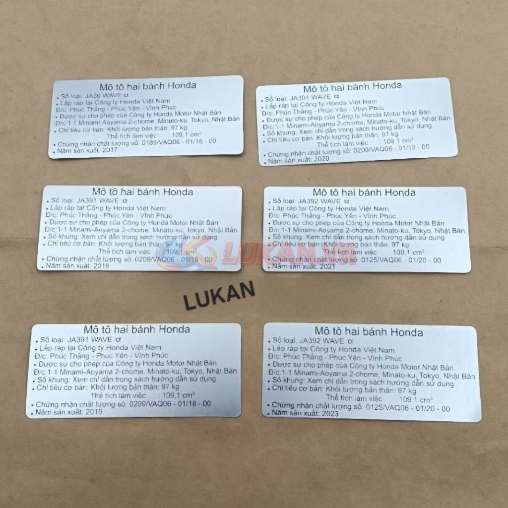 Tem thông số năm sản xuất WAVE A, ALPHA 110 cánh bửng yếm