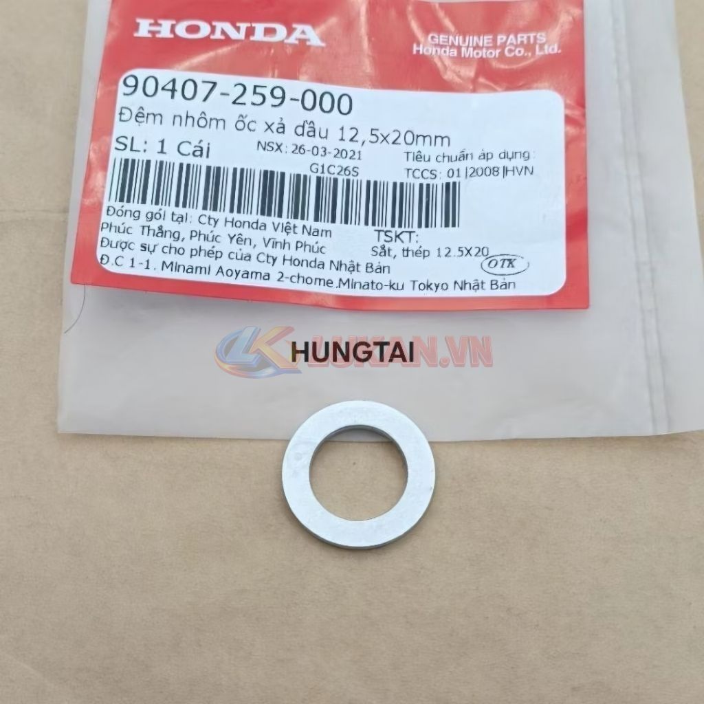 Đệm phẳng, lông đền nhôm ốc xã dầu, nhớt DREAM, WAVE, FUTURE, CUB.... zin 12,5x20mm 90407-259-000 - Ảnh 2