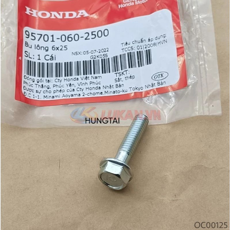 Ốc đuôi đèn hậu, biển số WAVE Thái, ALPHA, RS, ZX, FUTURE... zin bu lông 6x25 95701-060-2500