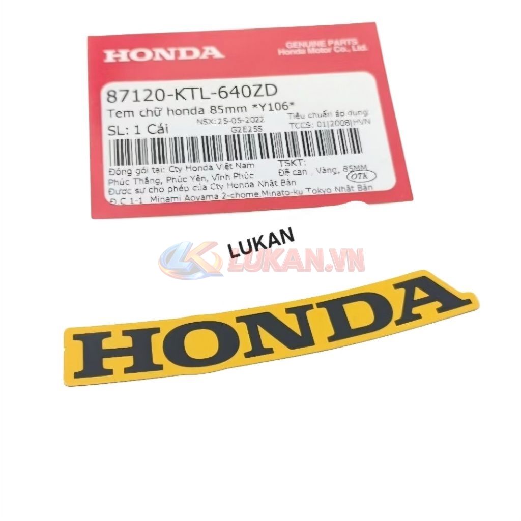 Tem chữ Honda 85mm dán nhựa mặt nạ WAVE A, RS, S100... Vàng zin 87120-KTL-640ZD