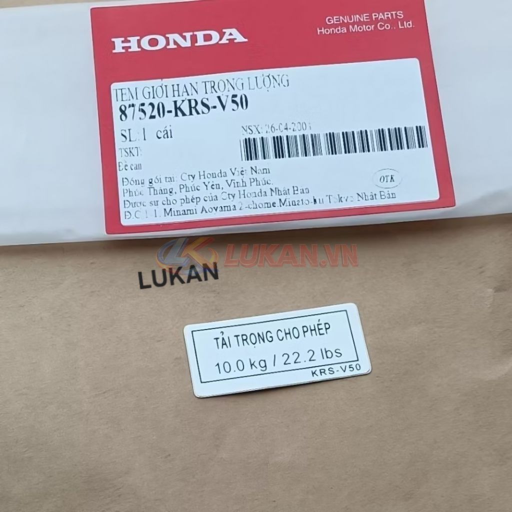 Tem thông số tải trọng WAVE ALPHA, ZX đời đầu zin Honda 87520-KRS-V50