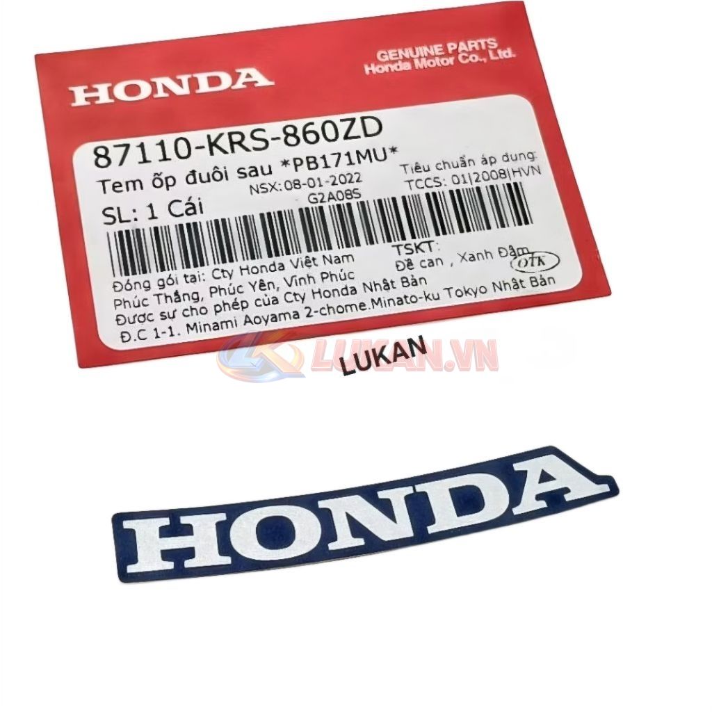 Tem chữ Honda ốp nhựa đuôi rùa WAVE ALPHA Xanh zin 87110-KRS-860ZD