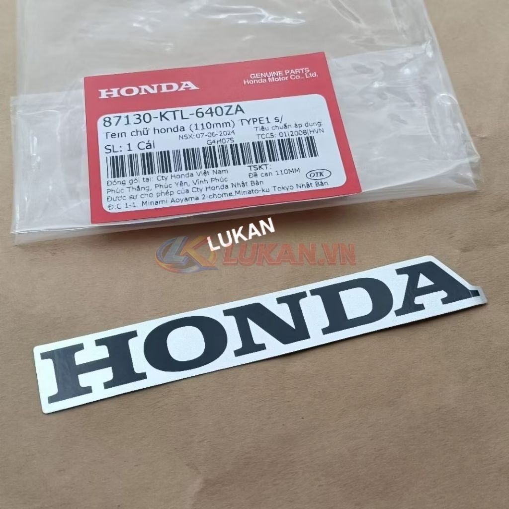 Tem chữ Honda nhựa bửng yếm WAVE A, RS, S100... Trắng 110mm zin 87130-KTL-640ZA