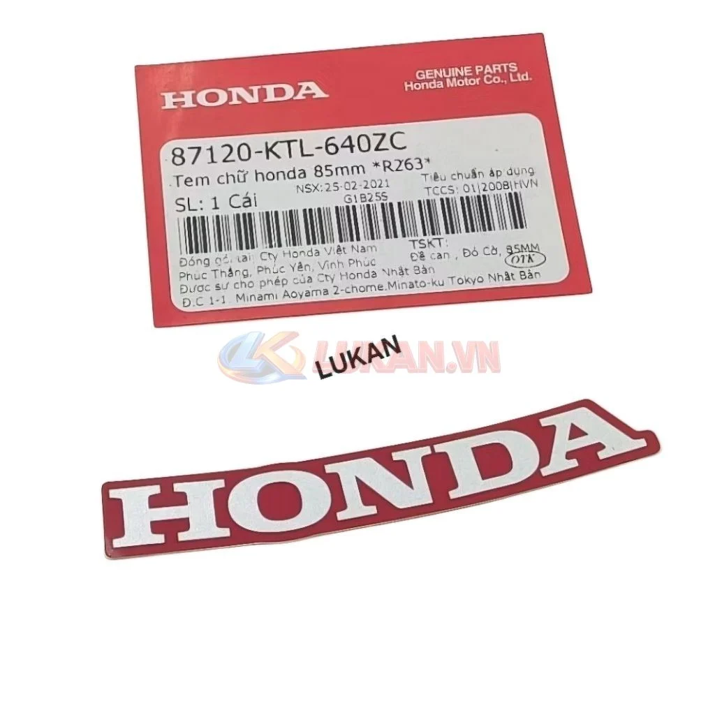Tem chữ Honda dán nhựa mặt nạ trước WAVE A, RS, S100... đỏ 85mm zin 87120-KTL-640ZC