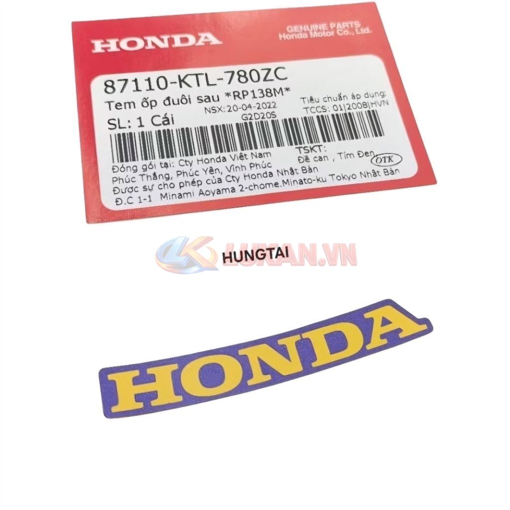 Tem chữ Honda dán nhựa đuôi rùa WAVE A, RS, S100... Vàng zin 87110-KTL-780ZC