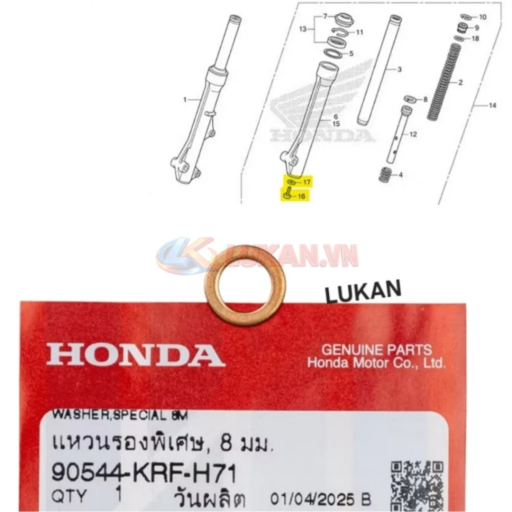 Đệm phẳng, lông đền đồng phuộc trước DREAM, WAVE, FUTURE.... 8mm 90544-KRF-H71 - Ảnh 3